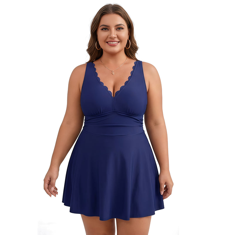 Women's Plus Size Scallop Edge V Neck Ruched Waist Swim Dress with Built-in Briefs