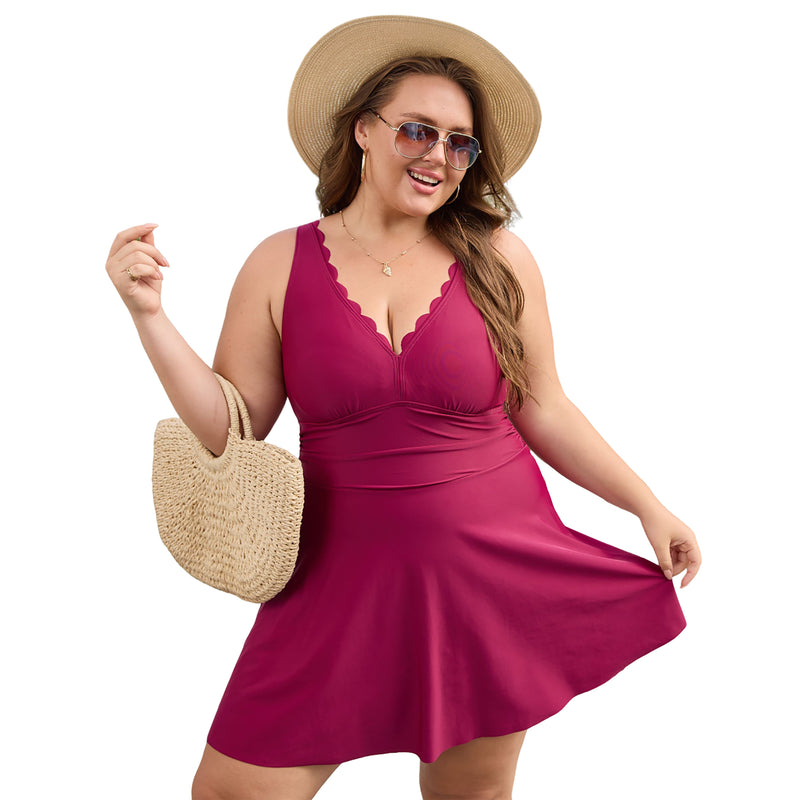Women's Plus Size Scallop Edge V Neck Ruched Waist Swim Dress with Built-in Briefs