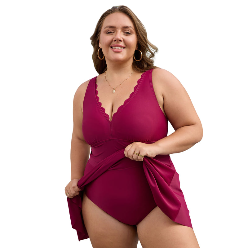 Women's Plus Size Scallop Edge V Neck Ruched Waist Swim Dress with Built-in Briefs