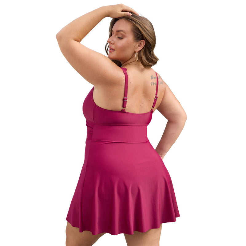 Women's Plus Size Scallop Edge V Neck Ruched Waist Swim Dress with Built-in Briefs