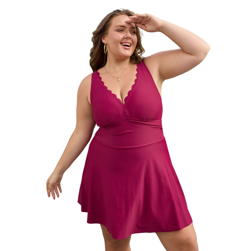 Women's Plus Size Scallop Edge V Neck Ruched Waist Swim Dress with Built-in Briefs