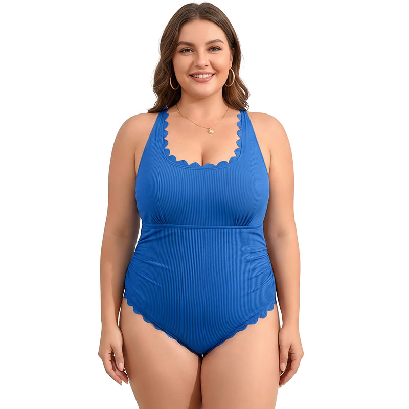 Women's Plus Size Ribbed Scallop Edge Ruched One Piece Swimsuit