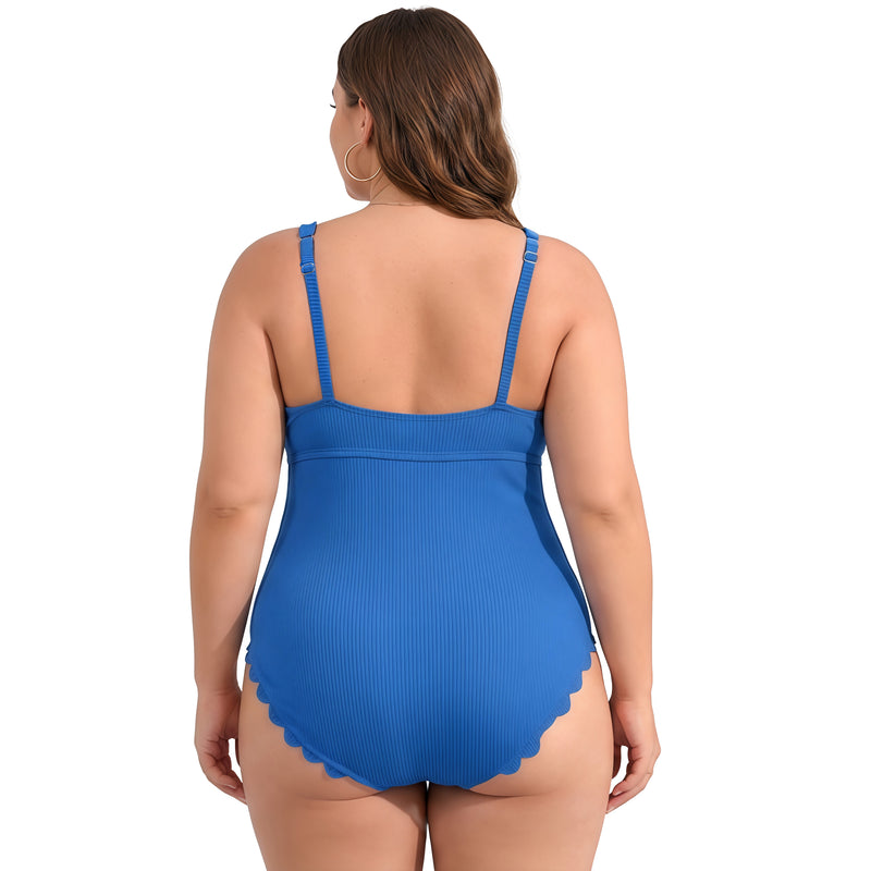 Women's Plus Size Ribbed Scallop Edge Ruched One Piece Swimsuit