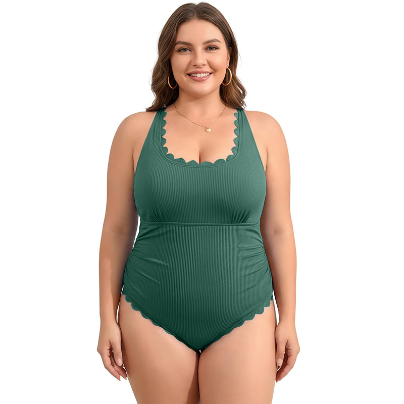 Women's Plus Size Ribbed Scallop Edge Ruched One Piece Swimsuit