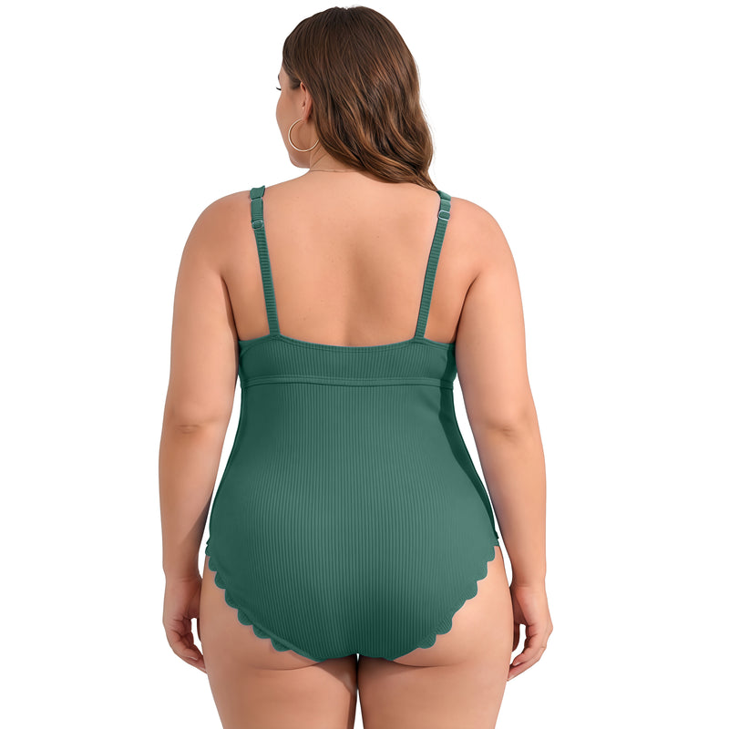 Women's Plus Size Ribbed Scallop Edge Ruched One Piece Swimsuit