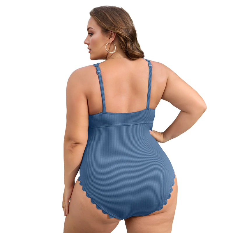 Women's Plus Size Ribbed Scallop Edge Ruched One Piece Swimsuit