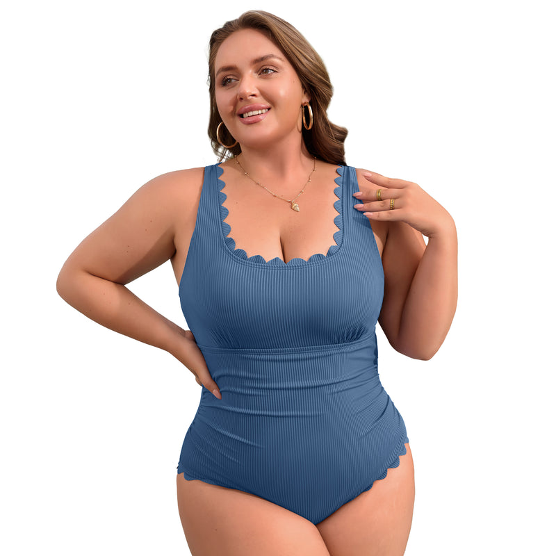 Women's Plus Size Ribbed Scallop Edge Ruched One Piece Swimsuit