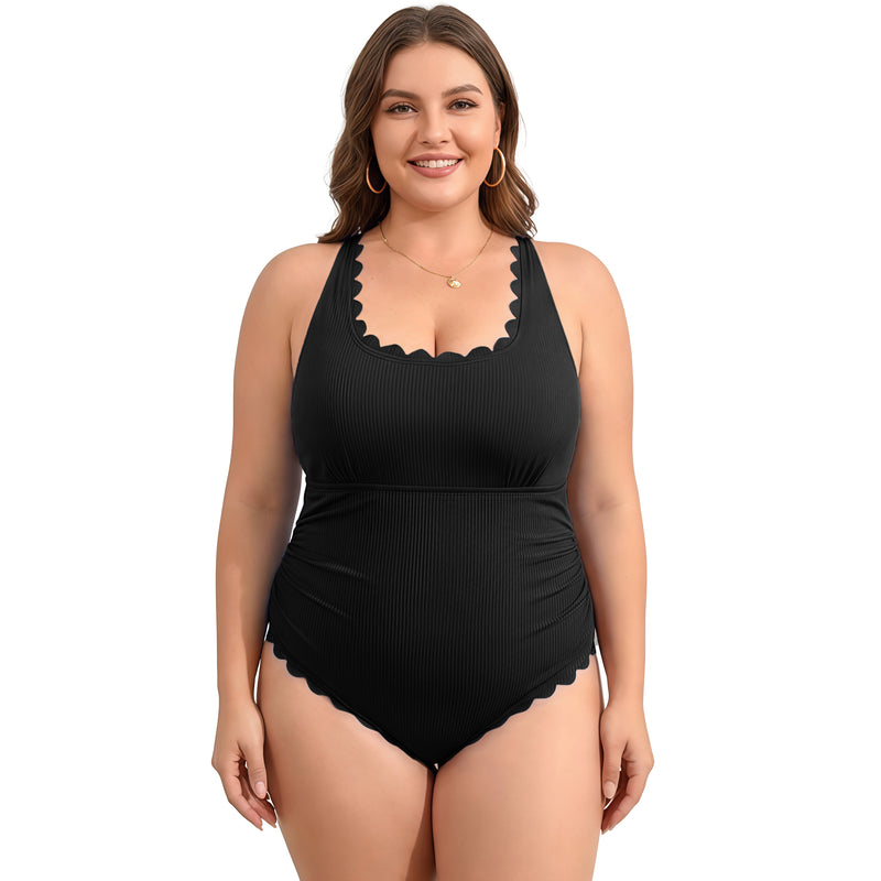 Women's Plus Size Ribbed Scallop Edge Ruched One Piece Swimsuit