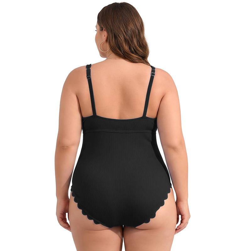 Women's Plus Size Ribbed Scallop Edge Ruched One Piece Swimsuit