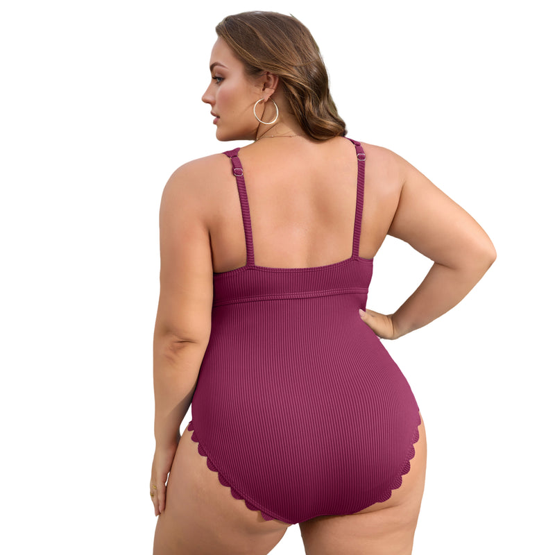 Women's Plus Size Ribbed Scallop Edge Ruched One Piece Swimsuit