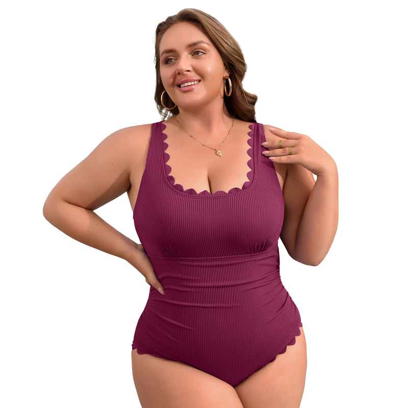 Women's Plus Size Ribbed Scallop Edge Ruched One Piece Swimsuit