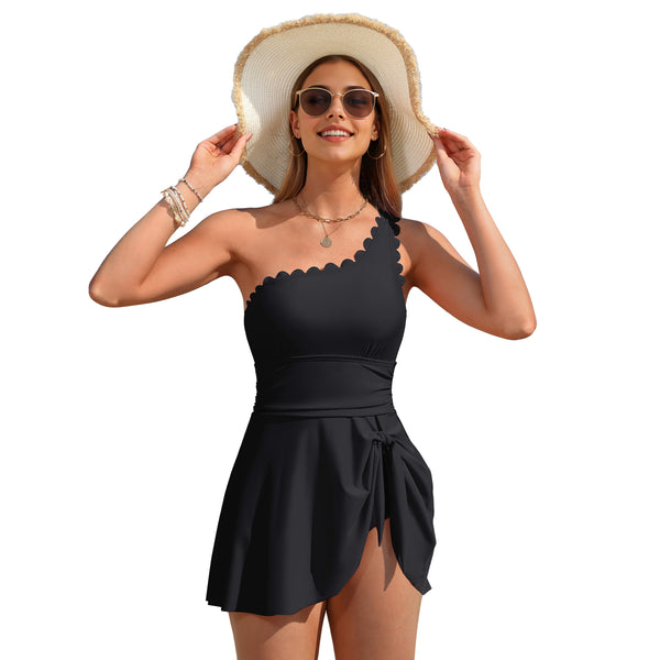 Women's Scallop Edge One Shoulder Removable Strap Wrap Tie Swim Dress
