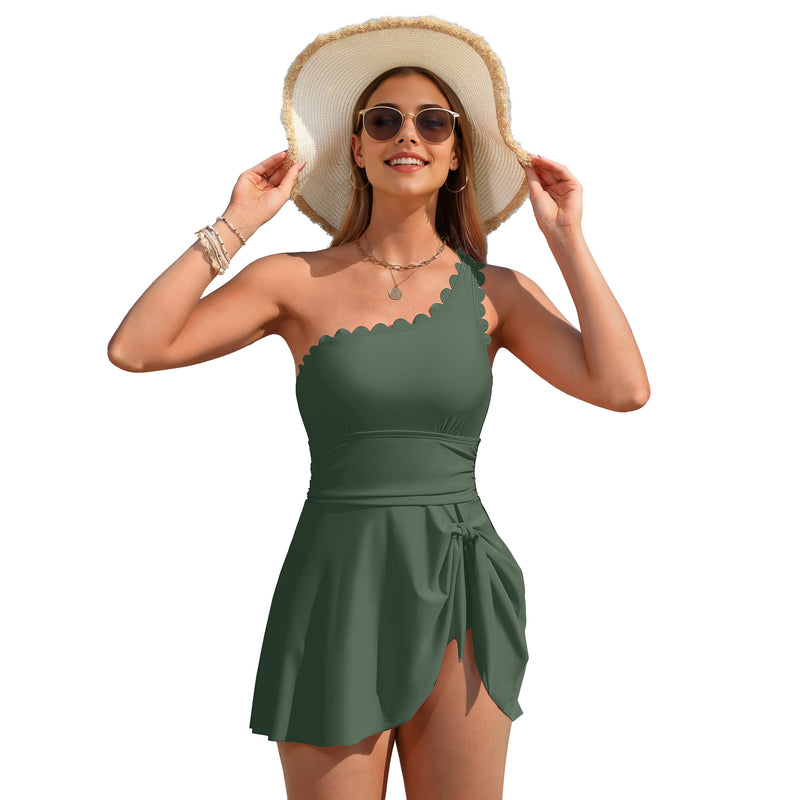 Women's Scallop Edge One Shoulder Removable Strap Wrap Tie Swim Dress