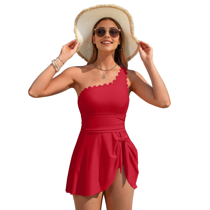 Women's Scallop Edge One Shoulder Removable Strap Wrap Tie Swim Dress