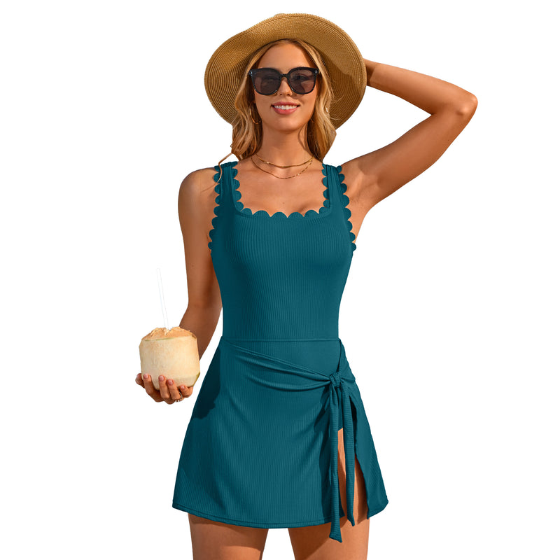 Women's Ribbed Scalloped Trim Tie-Waist Swimdress One-Piece Swimsuit