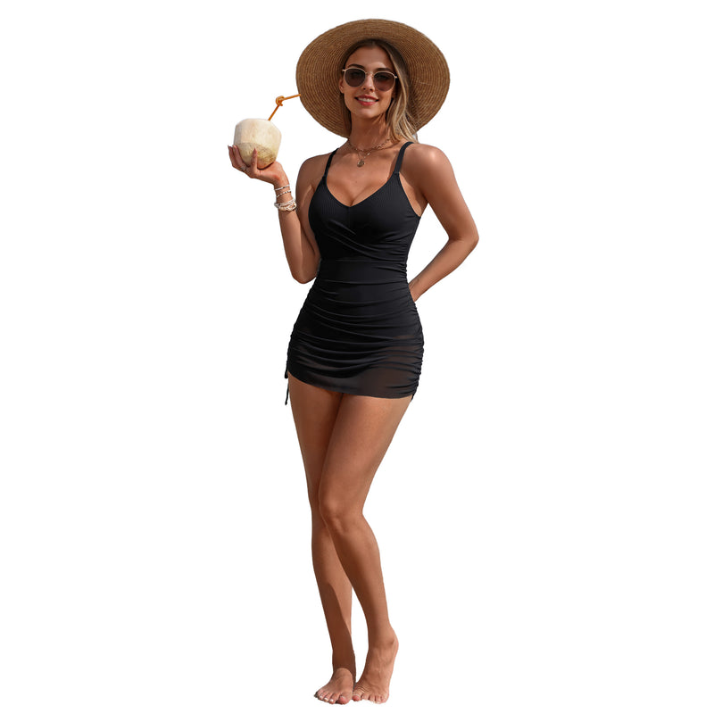 Women's Ribbed Twist Front Ruched Drawstring Swim Dress with Adjustable Straps