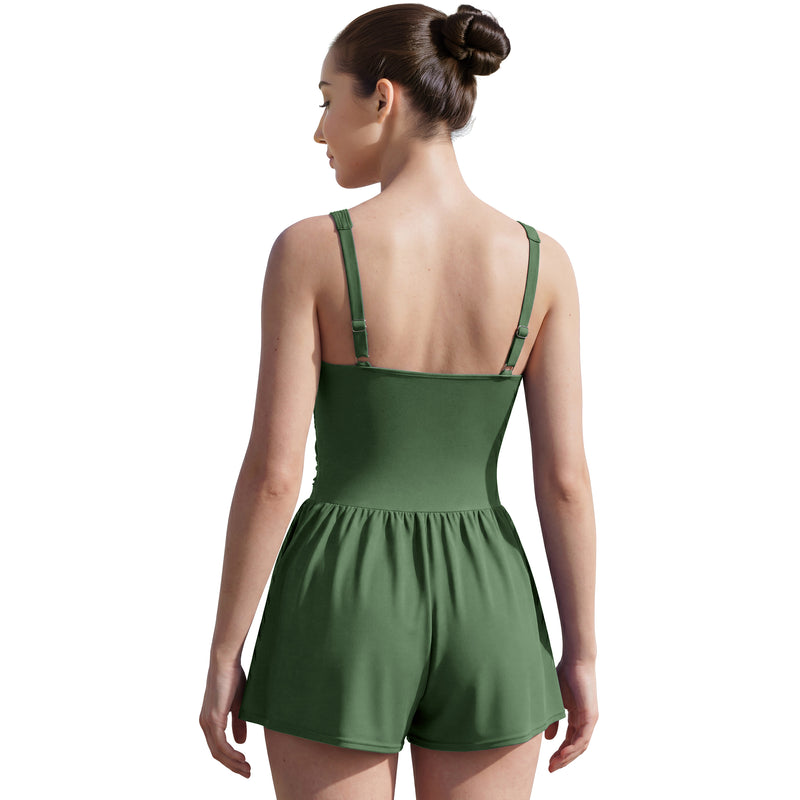 Women Knot Front V Neck Adjustable Strap Romper One Piece Swimsuit