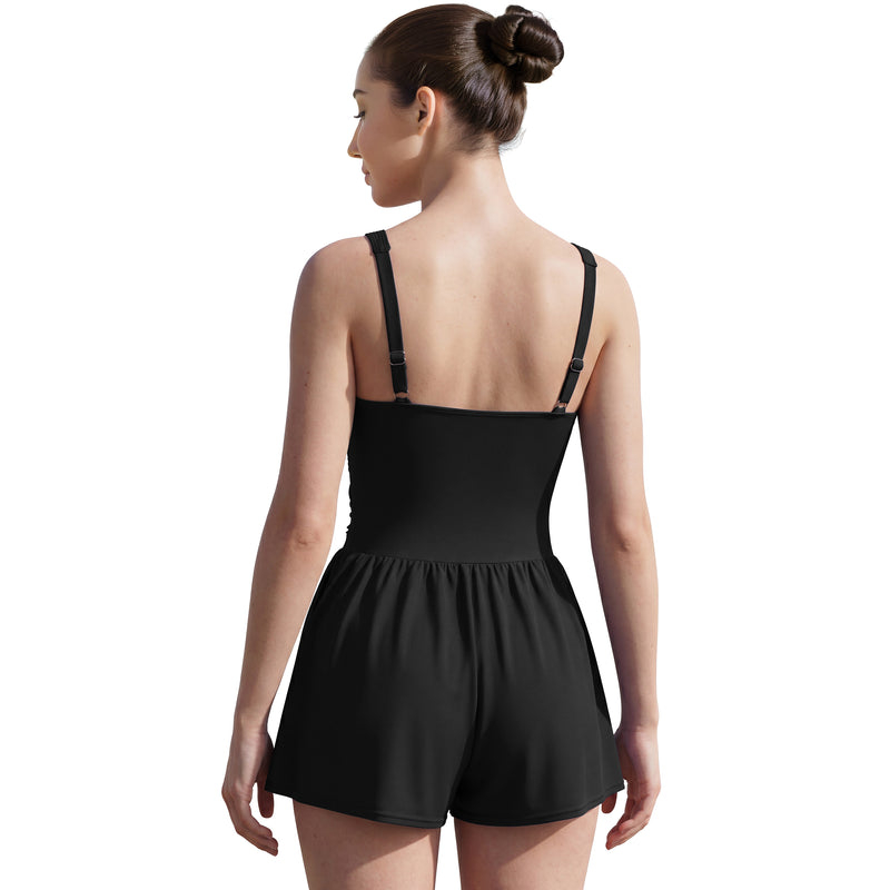 Women Knot Front V Neck Adjustable Strap Romper One Piece Swimsuit