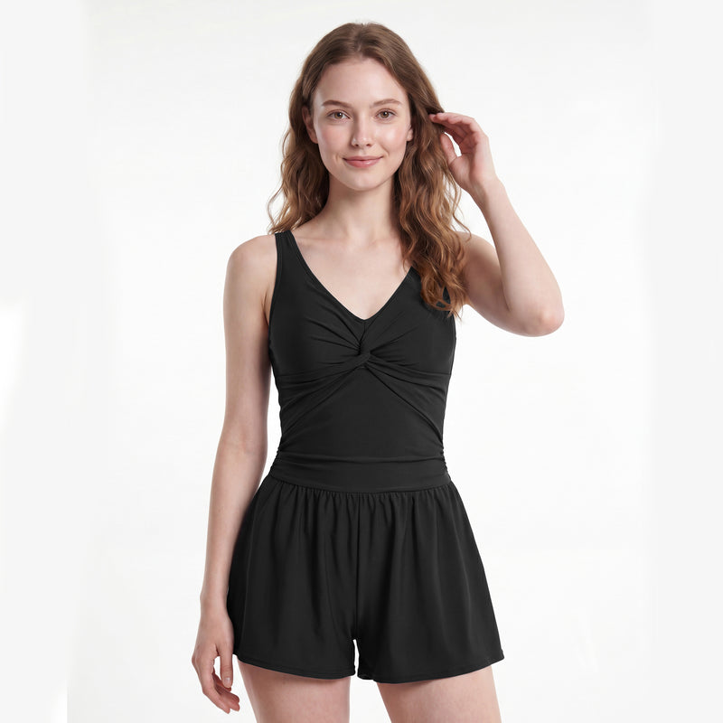 Women Knot Front V Neck Adjustable Strap Romper One Piece Swimsuit