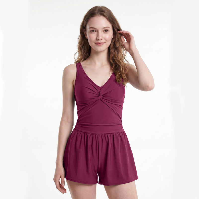 Women Knot Front V Neck Adjustable Strap Romper One Piece Swimsuit