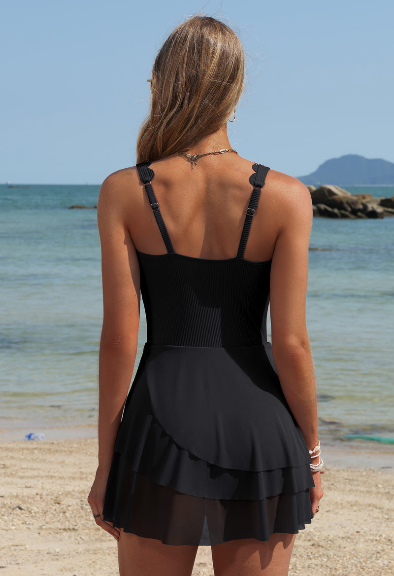 Women's Scallop Ribbed Swim Dress with Tiered Mesh Skirt
