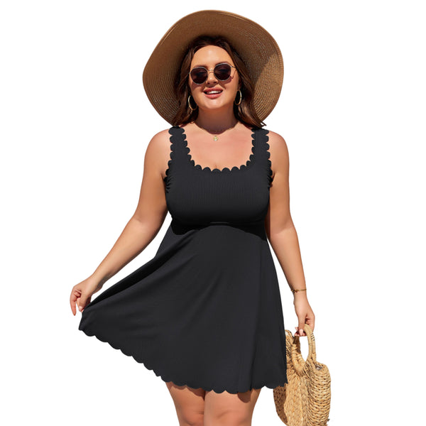 Women Plus Size One Piece Swim Dress Scalloped Square Neck Swimsuit