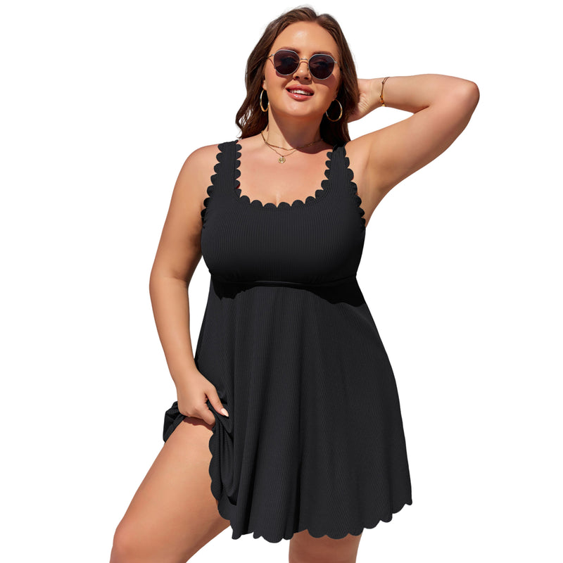 Women Plus Size One Piece Swim Dress Scalloped Square Neck Swimsuit