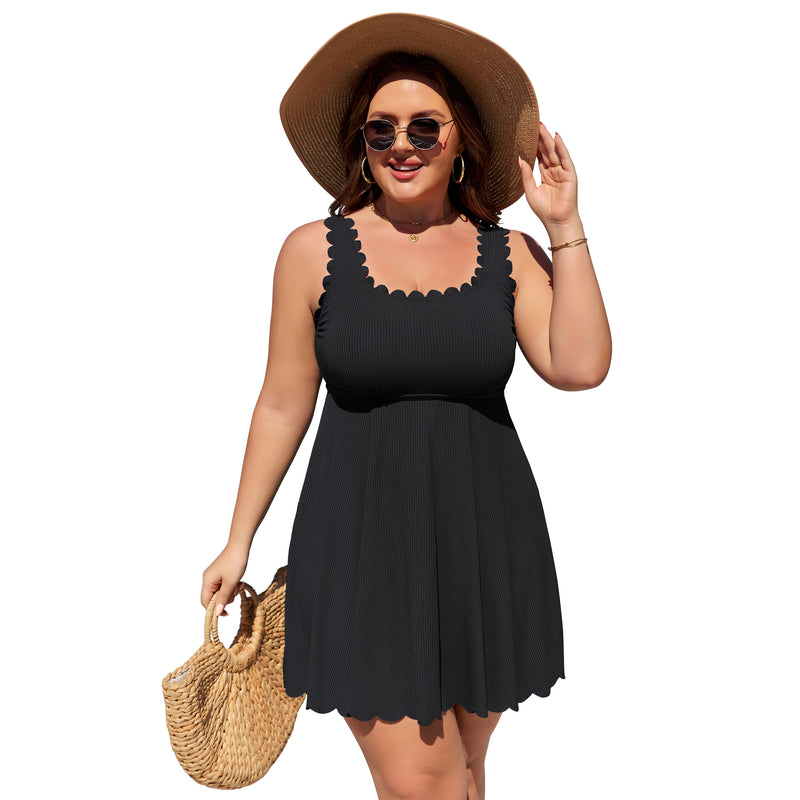 Women Plus Size One Piece Swim Dress Scalloped Square Neck Swimsuit