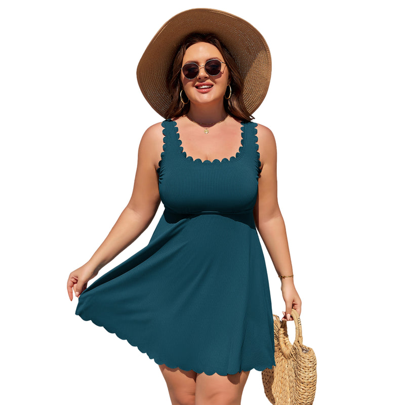 Women Plus Size One Piece Swim Dress Scalloped Square Neck Swimsuit