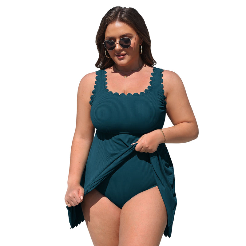 Women Plus Size One Piece Swim Dress Scalloped Square Neck Swimsuit