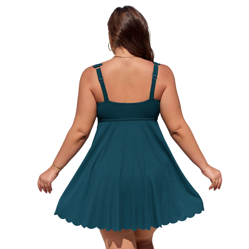 Women Plus Size One Piece Swim Dress Scalloped Square Neck Swimsuit