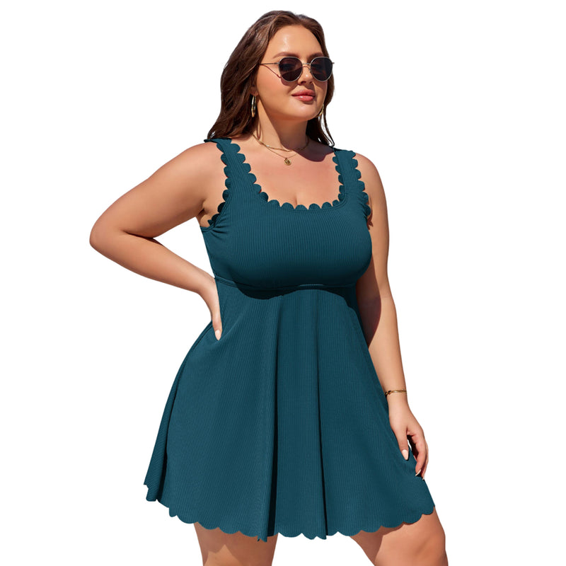 Women Plus Size One Piece Swim Dress Scalloped Square Neck Swimsuit