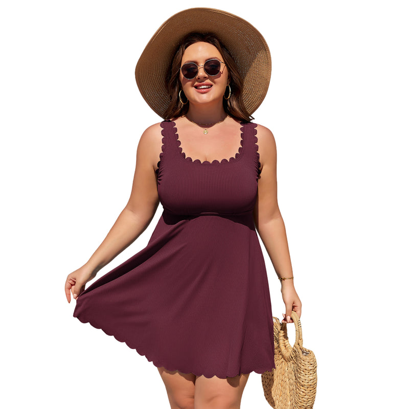 Women Plus Size One Piece Swim Dress Scalloped Square Neck Swimsuit