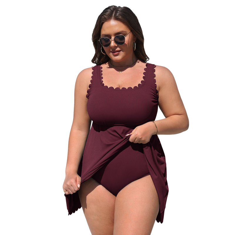 Women Plus Size One Piece Swim Dress Scalloped Square Neck Swimsuit