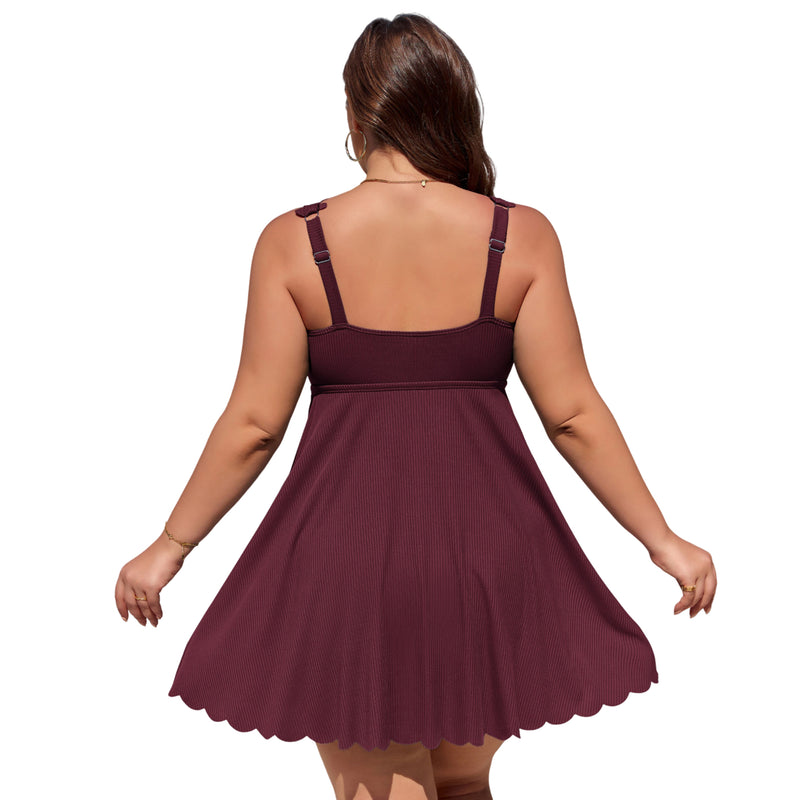 Women Plus Size One Piece Swim Dress Scalloped Square Neck Swimsuit