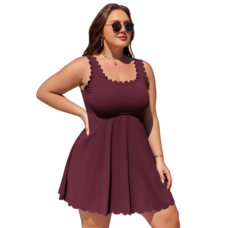 Women Plus Size One Piece Swim Dress Scalloped Square Neck Swimsuit