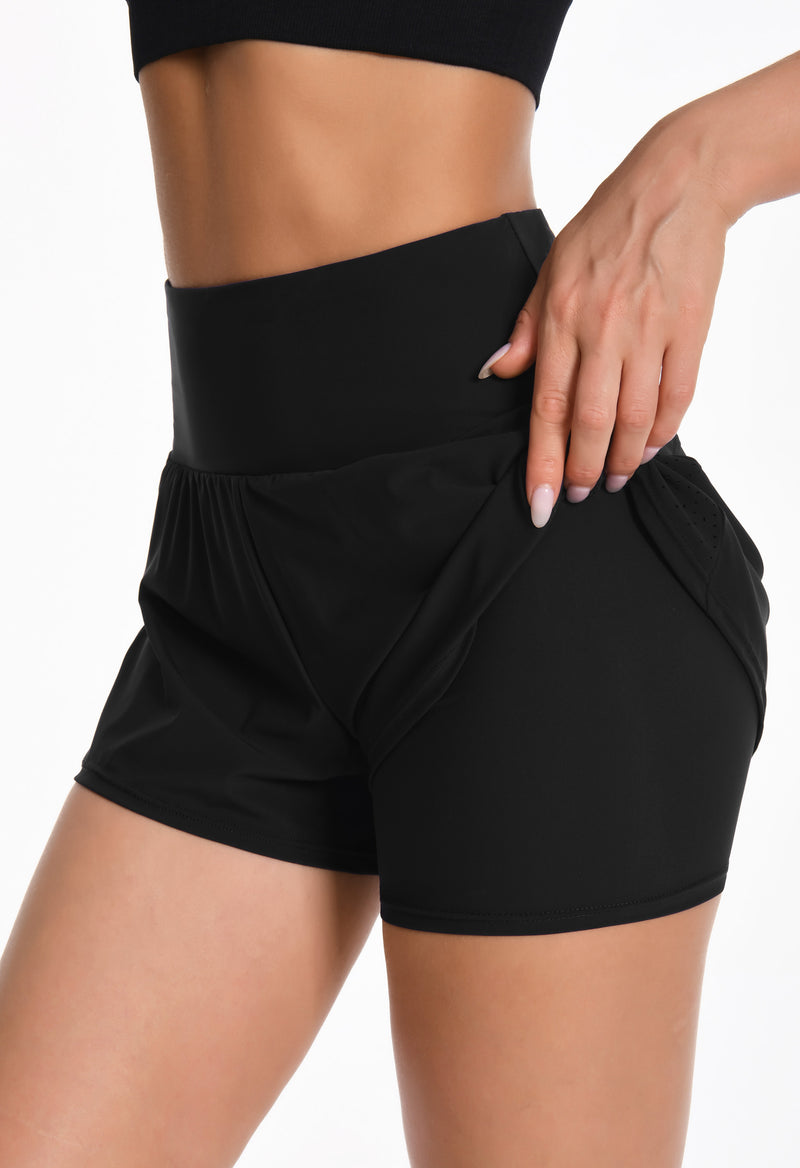 High-Waisted 2-in-1 Swim Shorts with Pockets