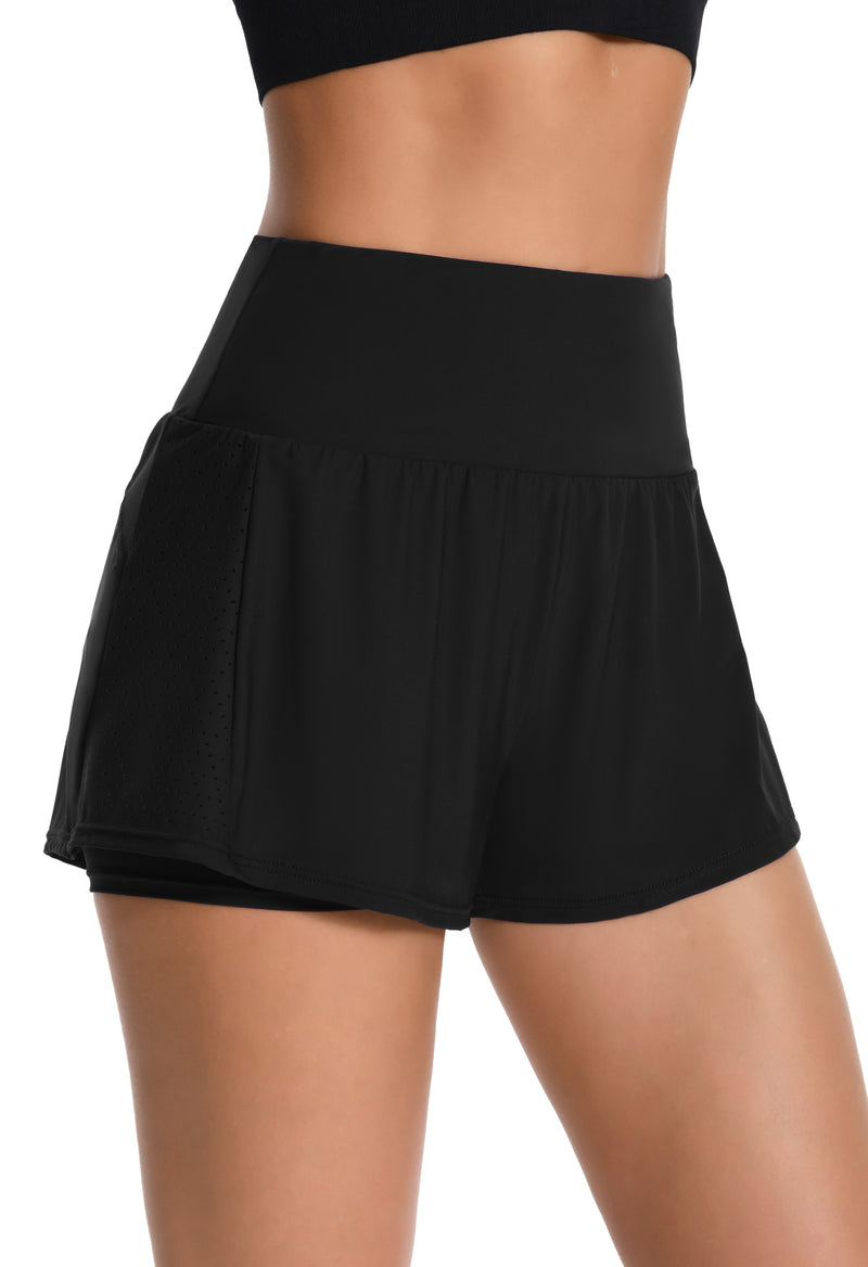 High-Waisted 2-in-1 Swim Shorts with Pockets