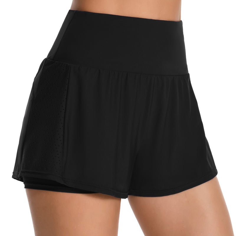 High-Waisted 2-in-1 Swim Shorts with Pockets