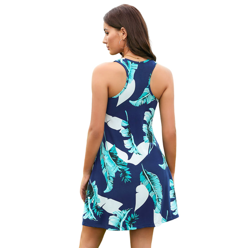 Women Racerback Dress Scoop Neck Casual Swing Mini Dress With Built-In Bra And Side Pockets