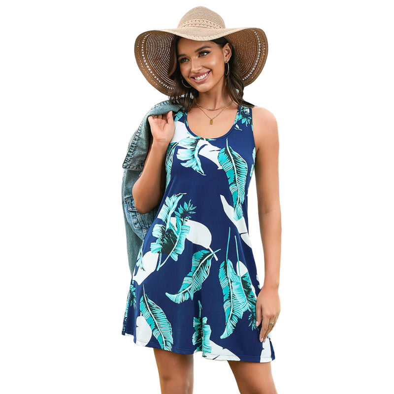 Women Racerback Dress Scoop Neck Casual Swing Mini Dress With Built-In Bra And Side Pockets