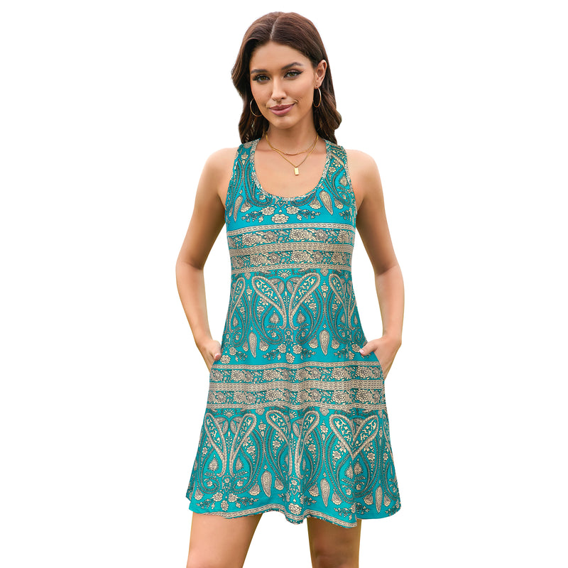 Women Racerback Dress Scoop Neck Casual Swing Mini Dress With Built-In Bra And Side Pockets