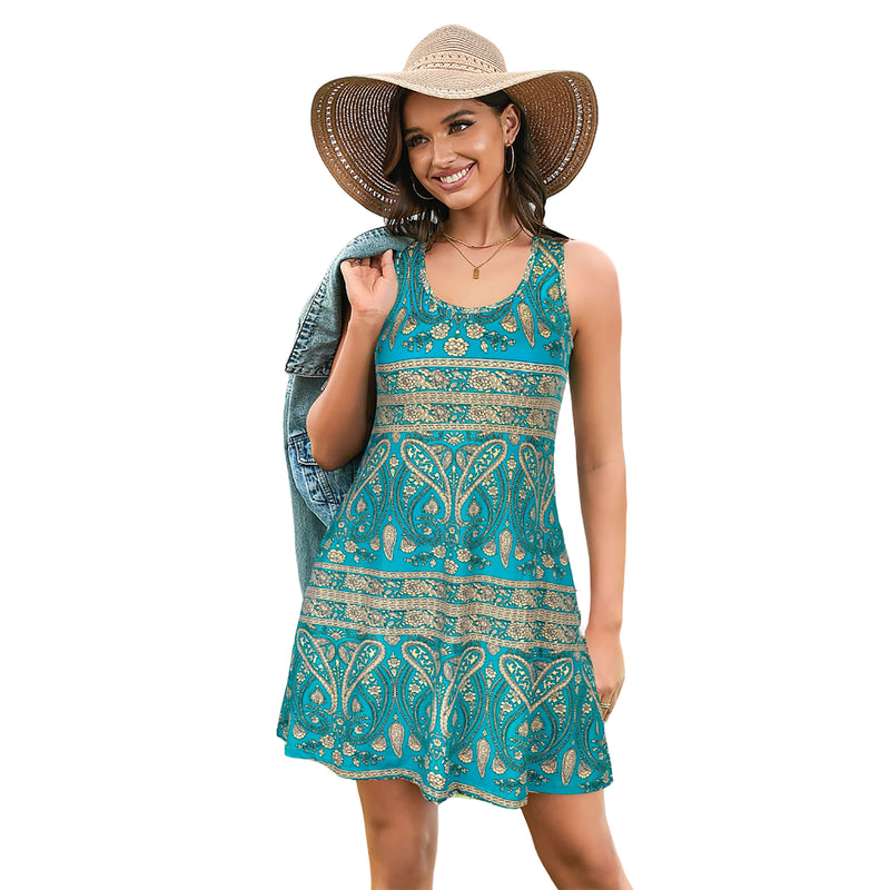 Women Racerback Dress Scoop Neck Casual Swing Mini Dress With Built-In Bra And Side Pockets