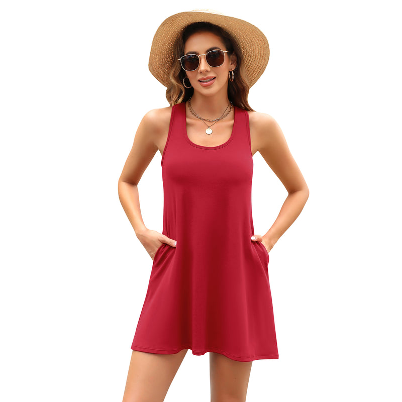 Women Racerback Dress Scoop Neck Casual Swing Mini Dress With Built-In Bra And Side Pockets