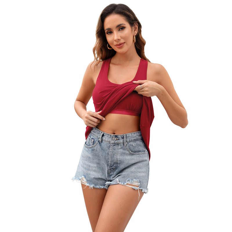 Women Racerback Dress Scoop Neck Casual Swing Mini Dress With Built-In Bra And Side Pockets
