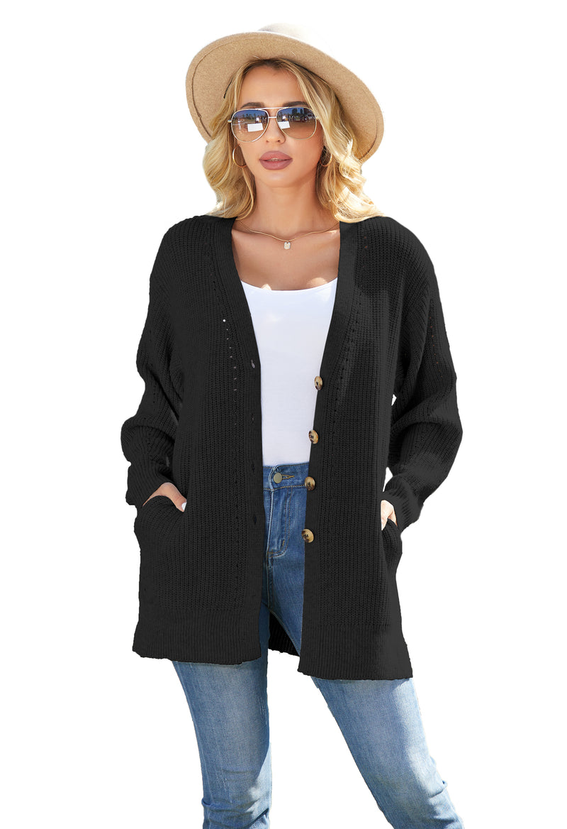 Women's Loose Knitted Cardigan Long Sleeve V-Neck Button Front Solid Color Sweater