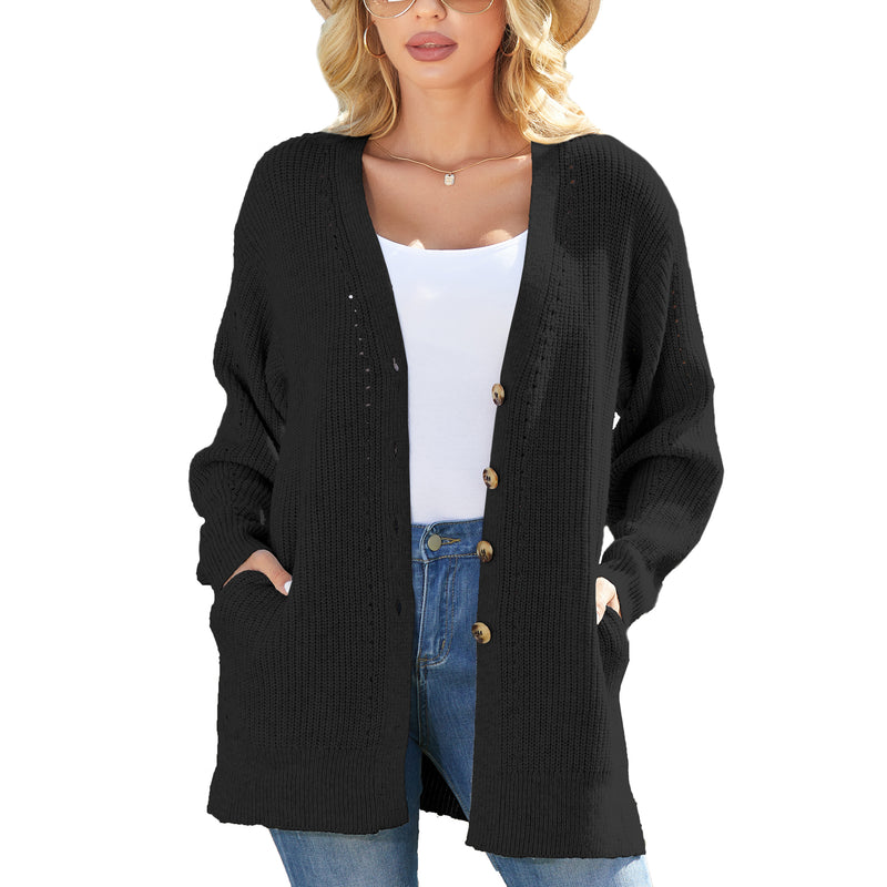 Women's Loose Knitted Cardigan Long Sleeve V-Neck Button Front Solid Color Sweater