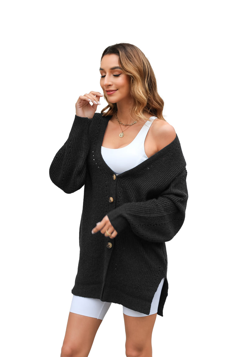 Women's Loose Knitted Cardigan Long Sleeve V-Neck Button Front Solid Color Sweater