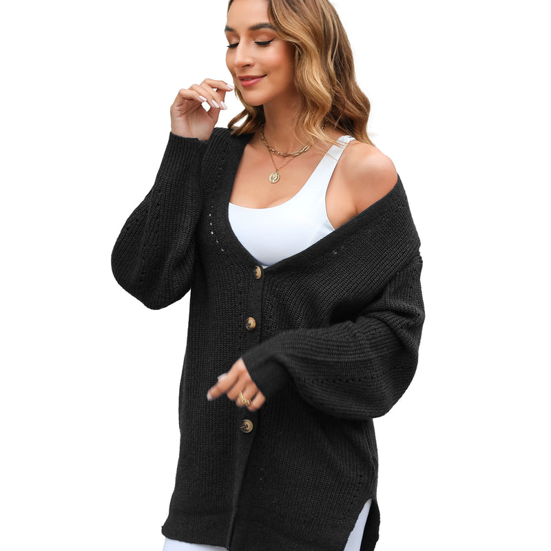 Women's Loose Knitted Cardigan Long Sleeve V-Neck Button Front Solid Color Sweater