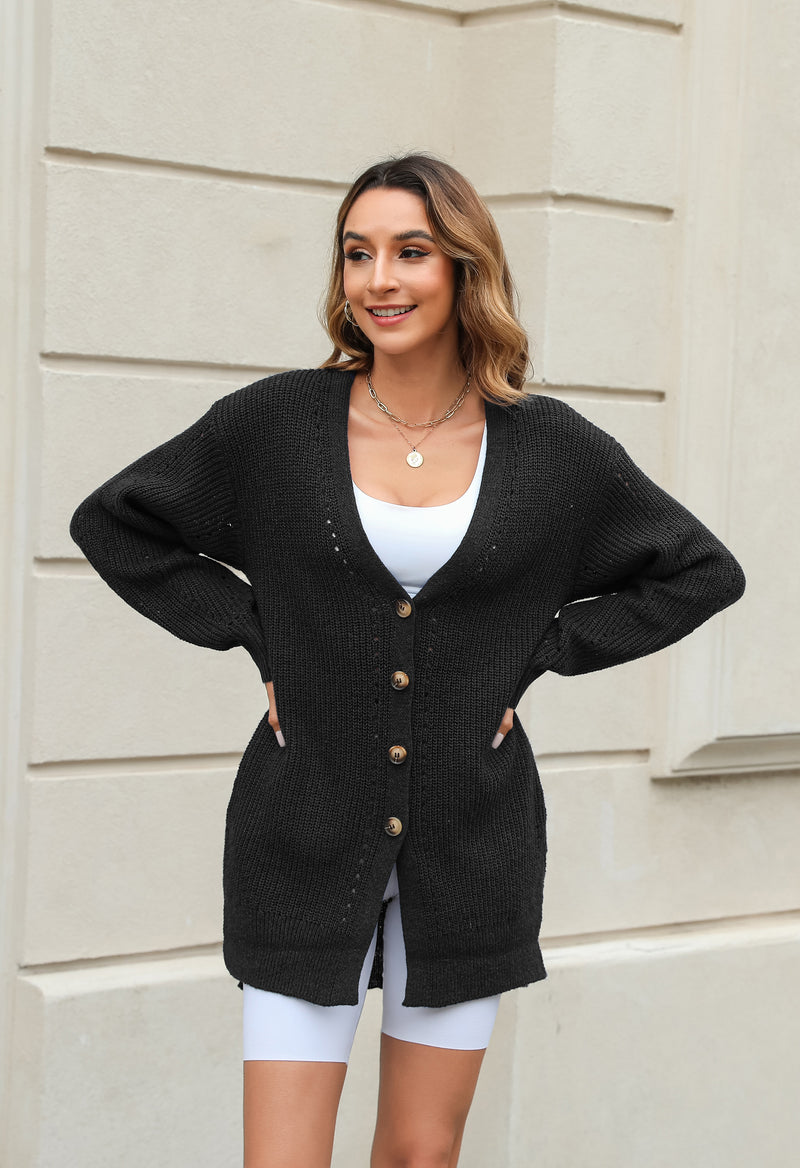 Women's Loose Knitted Cardigan Long Sleeve V-Neck Button Front Solid Color Sweater